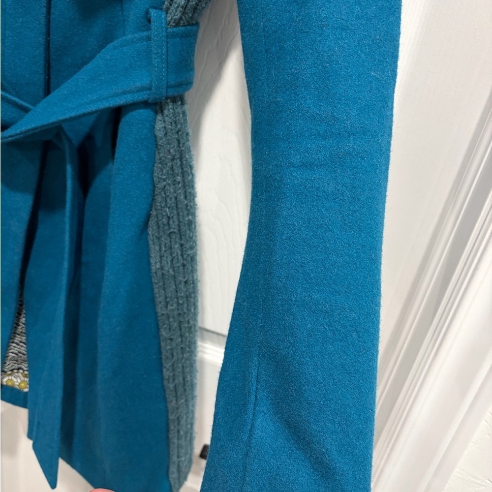 Anthropologie Elevenses Teal Coat Ribbed Collar Belt Wool Blend Boho - Picture 4 of 15